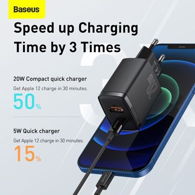 Baseus 20W เครื่องชาร์จ USB Type C สองยูเอสบีชาร์จไวอะแดปเตอร์ PD ที่ชาร์จแบบพกพาเครื่องชาร์จติดผนังเดินทางสำหรับ14 13 Pro