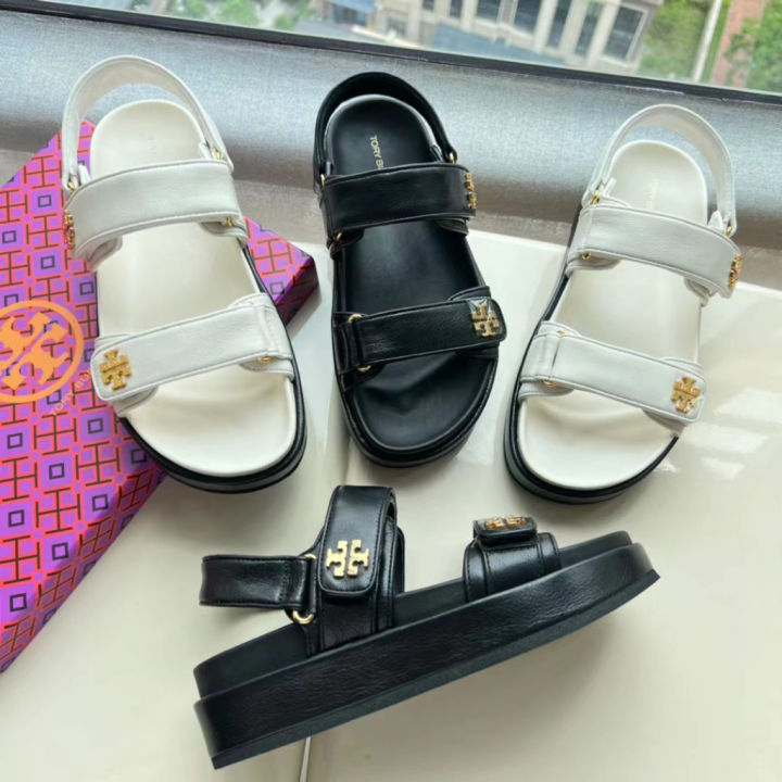 New Coming！！】Tory Burch Lady's 2023 Counter Latest Kira Series Two Colors  Soft Sheep Leather Flat Buckled Sandals