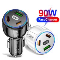 90W USB Car Charger 3พอร์ต PD QC3.0 Fast Charging Power Adapter สำหรับ Xiaomi Samsung Quick Charge Auto เครื่องชาร์จศัพท์มือถือ