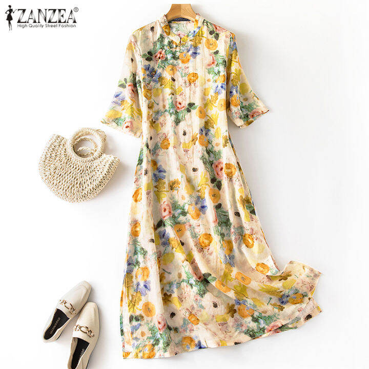 สินค้ามาใหม่-จัดส่งฟรี-fancystyle-zanzea-เสื้อคอวีแขนสั้นสำหรับผู้หญิงชุดลำลองหลวมชุดซันเดรสลายดอกไม้ชุดกระโปรงพิมพ์ลาย-2