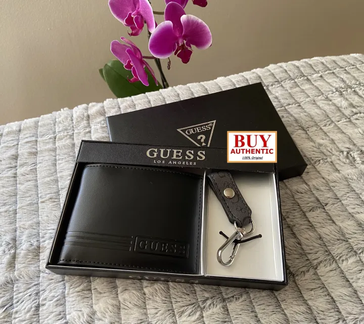 GUESS Bifold Wallet And Keychain Gift Set Black Original with Money