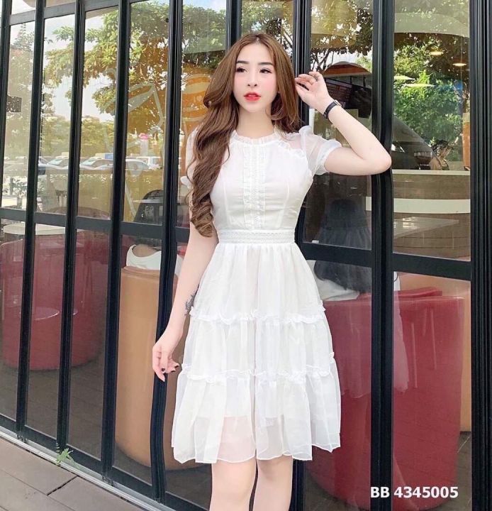Hàng Hot] Đầm Váy Nữ Phối Ren Nhún Bèo 3 Tầng Chạy Viền Ren Hoa Ngực