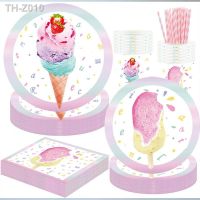 ☈▤ 10Guests Ice Cream Party Disposable Tableware Pink Popsicle Plates Napkins Girls Happy Dessert Theme Birthday Party Supplies