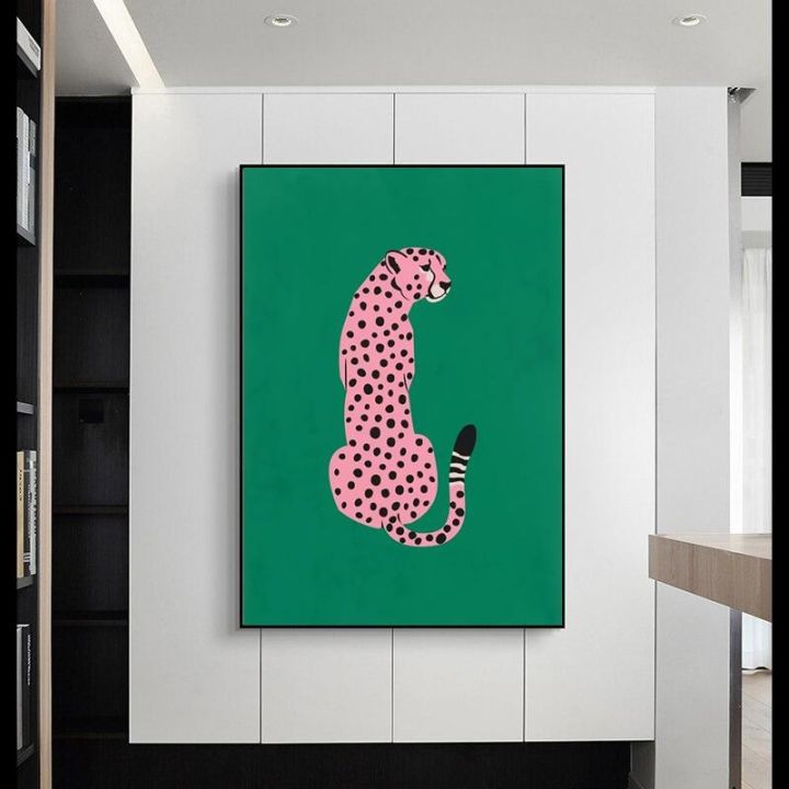 โมเดิร์นสีชมพู-tiger-สีเขียว-art-ผ้าใบภาพวาดสัตว์โปสเตอร์และพิมพ์ภาพผนังสำหรับห้องนั่งเล่นตกแต่ง-cuadros