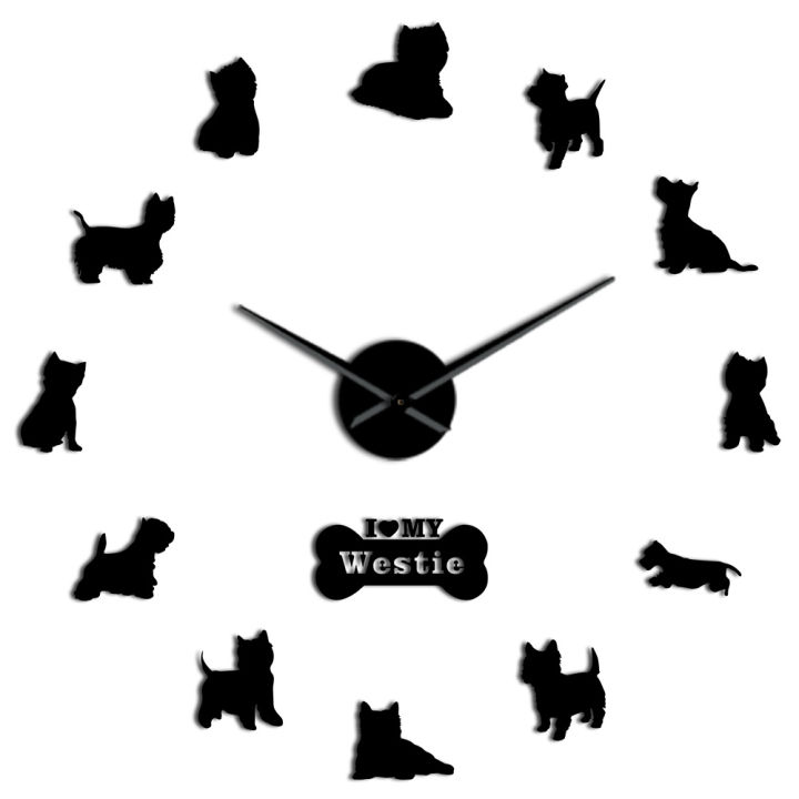 West Highland Terrier Westie Dog Breed 3D Large DIY Wall Clock Puppy Animal Self Adhesive Mirror Effect Acrylic Time Clock Watch