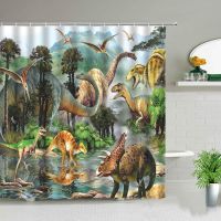 【CW】❣☼  Jurassic Tyrannosaurus Rex Pterodactyl Landscape Shower Curtain Renovation Decoration