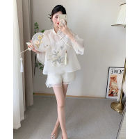 2022 new two-piece suit/single sweet Han element embroidered national style shirt + wide-leg straight shorts summer Chinese suit women