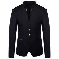 ฤดูใบไม้ผลิ2023ใหม่ผู้ชายแฟชั่นปุ่มตกแต่ง Blazer Coat สไตล์จีน Slim Fit Stand Collar สีทึบชุด Jacket