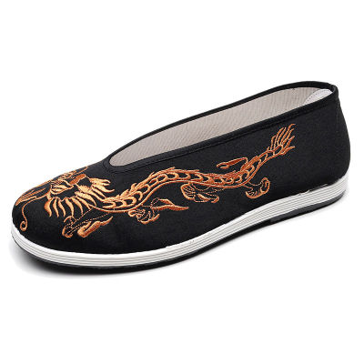Old Beijing Cloth Shoes Men Soft Sole Chinese Embroidery Men Shoes Chinese Style Yellow Black Dragon Round Mouth Cloth Shoes