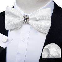 Unique Designer White Pre-tied Bowtie with Jewel ring Wedding Mens Bow Tie Butterfly Knot for Business галстук Handkeechief Set Nails Screws Fastener