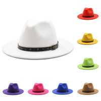 Bronzing Five-Pointed Star เข็มขัดสีทึบคลาสสิก Fedora หมวกฤดูใบไม้ร่วงเลียนแบบผ้าขนสัตว์ผู้หญิงผู้ชายสุภาพสตรี Felt Top Jazz หมวก