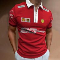 เสื้อโปโลสำหรับผู้ชายเสื้อยืด F1แข่งรถ3D เฟอร์รารีพิมพ์ลายเฟอร์รารีเสื้อโปโลแขนสั้นมีซิปสีแดงฤดูร้อนแฟชั่น2023