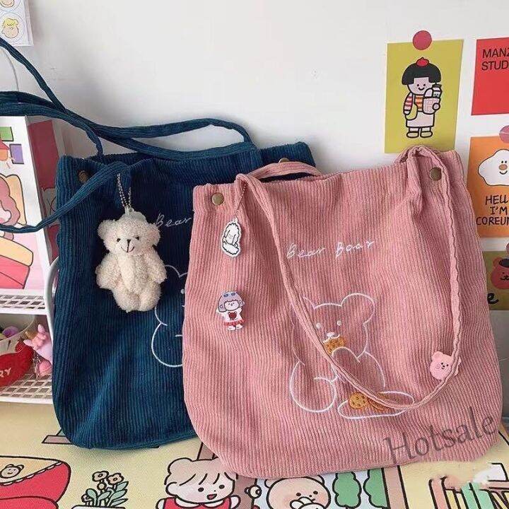 hot-sale-c16-tscfashion-ins-cute-bear-one-shoulder-canvas-bag-korean-college-girl-students-versatile-corduroy-shopping-tote-handbag