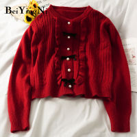 Beiyingni Korean Sweater Woman Kawaii Bow Tie Knit O-neck Harajuku Warm Winter Cardigan Ruffles Patchwork Top Long Sleeve Jumper