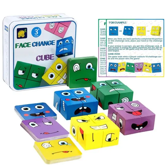 Wooden Expressions Toy, Wooden Magic Cube Face Pattern Building Blocks Educational Montessori