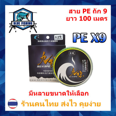 สาย PE ถัก 9 สีเขียว เหนียว ทน ยาว 100 เมตร [ Blue Fishing] (บลู ฟิชชิ่ง ส่งไว ราคาส่ง)