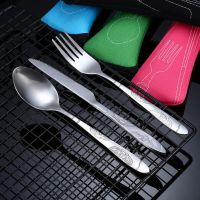 3pcs/7pcs Set  Dinnerware Portable Printed Stainless Steel Spoon Fork Steak Knife Set Travel Cutlery Tableware with Bag Flatware Sets