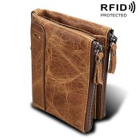 Genuine Cow Leather Men Wallets RFID Double Zipper Card Holder High Quality Male Wallets Purse Vintage Coin Holder Men Wallets