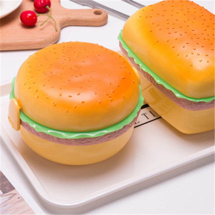 double-tier-hamburger-lunch-box-hamburger-bento-box-microwavable-kids-school-food-container-fork-dinnerware-set