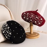 2021 Winter Wool Beret with Rhinestone Pearls Beads Female Elegant Cap Autumn Spring Hat Women Solid Color French Style Cap