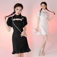 【LZ】✼  FZSLCYIYI Francês Verão Puff Manga Sereia Chiffon Bow Applique Qipao Casual Vestido Das Mulheres Do Partido Cheongsam