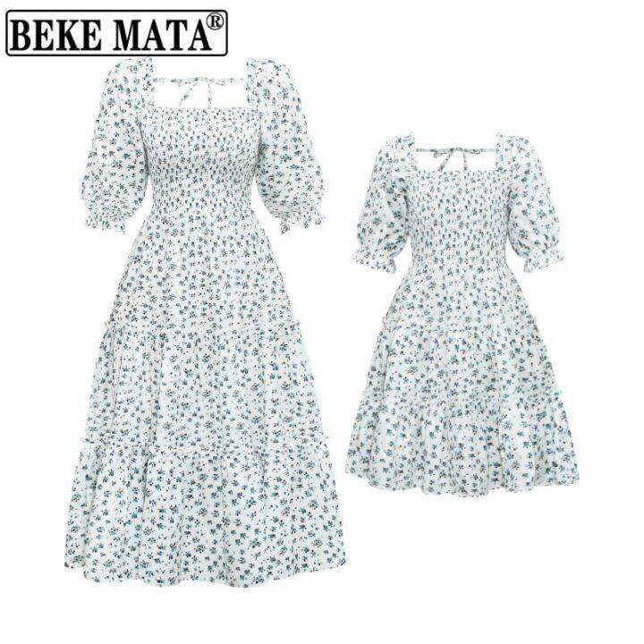 beke-mata-2022-spring-floral-print-half-sleeve-family-mom-and-daughter-dress-family-look-mother-teen-daughter-matching-clothes