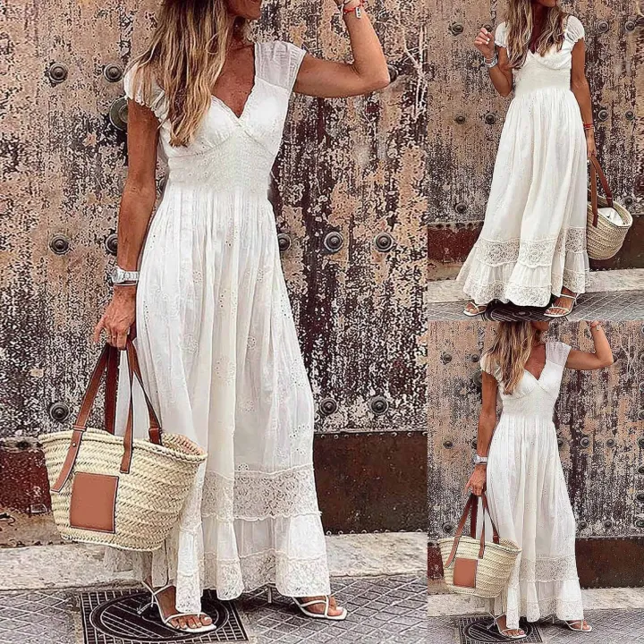 Summer Elegant Sexy White Bridemaid Maxi Dress For Women Boho Temperament High Waist Long Dress 5789