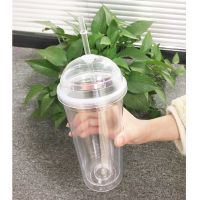 20Oz Milk Tumbler With Dome Lids Double Wall Plastic Drink Cups With Straw Reusable Clear Water Bottle Transparent Fruit Cup