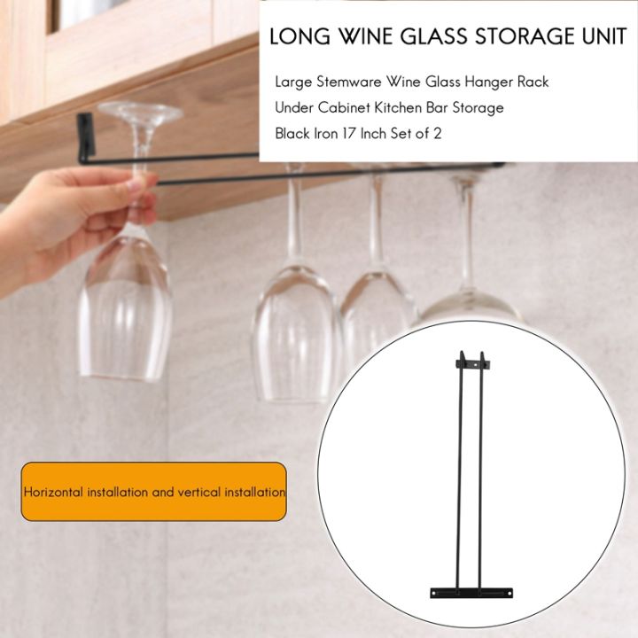 large-stemware-wine-glass-hanger-rack-under-cabinet-kitchen-bar-storage-black-iron-17-inch-set-of-2