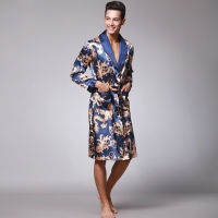 RB0127 Men Robe Soft Nightwear Satin Silk Sleepwear Male Dragon Print Bathrobe Long Sleeve Pijama V Neck Night Robe nd Pyjama