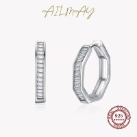Ailmay Real 925 Sterling Silver Fashion Luxury Hexagon Dazzling CZ Hoop Earrings For Women Wedding Party Accessories Jewelry
