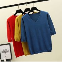 Knit Sweater V-neck Loose Simple Short-sleeved T-shirt Top Women Blouse