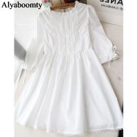 Mori Girl Spring Summer Women White Dress Ruffled Collar Floral Elegant Princess Fairy Dress Half Sleeve Bandage Cute Chic Dress