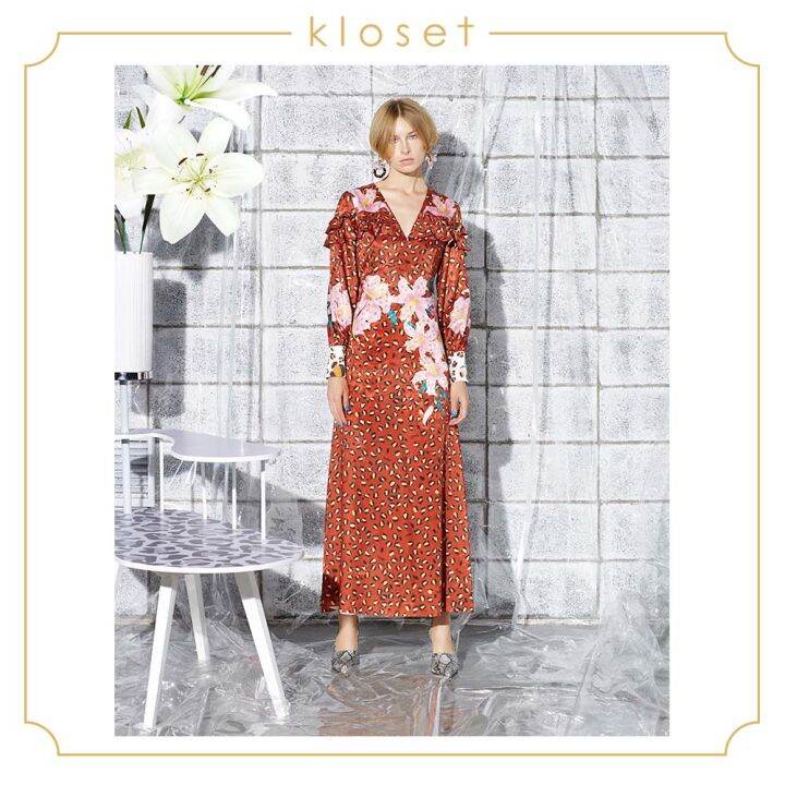 kloset-tiger-lily-printed-long-dress-sh19-d004-เดรสผู้หญิง-เดรสแฟชั่น-เดรสผ้าพิมพ์-เดรสยาว