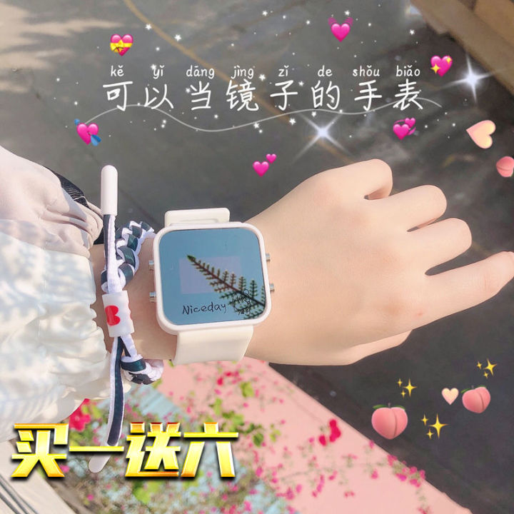 นาฬิกากระจก-jam-tangan-elektronik-นักเรียนผู้หญิงเรียบง่ายของเด็กผู้หญิงเวอร์ชันแบบญี่ปุ่นและเกาหลีอารมณ์-ins-ลมสีแดงไฟ-led-ยูนิคอร์นน่ารัก
