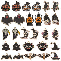 28Pcs 14 Style Alloy Enamel Pendants Moon with Skull &amp; Witch Hat with Skull &amp; Pumpkin Mixed Color 14.5-30x16-29x1-4mm Hole: 1.5-2mm 2pcs/style