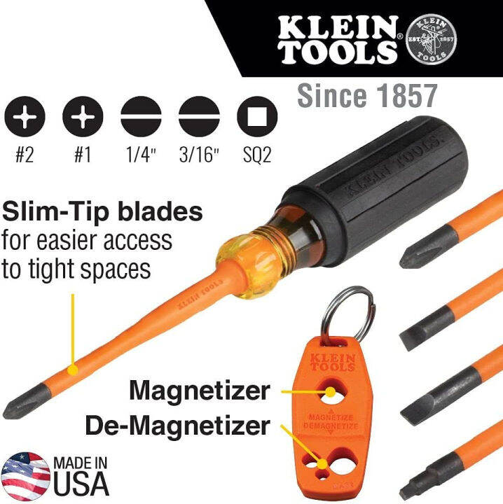 klein-tools-33736ins-insulated-screwdriver-set-1000v-slim-tip-driver-with-phillips-cabinet-and-square-bits-and-a-magnetizer-6-piece