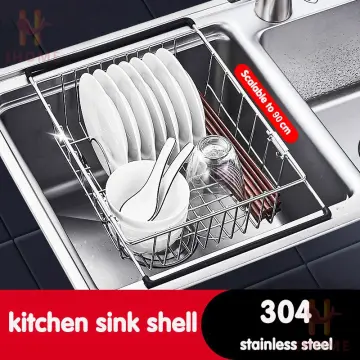 Stainless Steel Tableware Drain Basket Adjustable Dish Drainer Rack  Scalable Sink Drain Basket Scratch Proof for Kitchen Gadgets