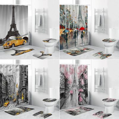 【CW】☍  4 In 1 Landscape Shower Curtain Curtains Set Holding Umbrella Non-Slip Rugs Toilet Lid Cover