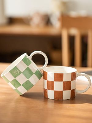 【STOCK】 Jianshan Set Retro Checkerboard Cup Japanese Ceramic Mug Couple Coffee Cup Home Milk Cup Slightly Flawed
