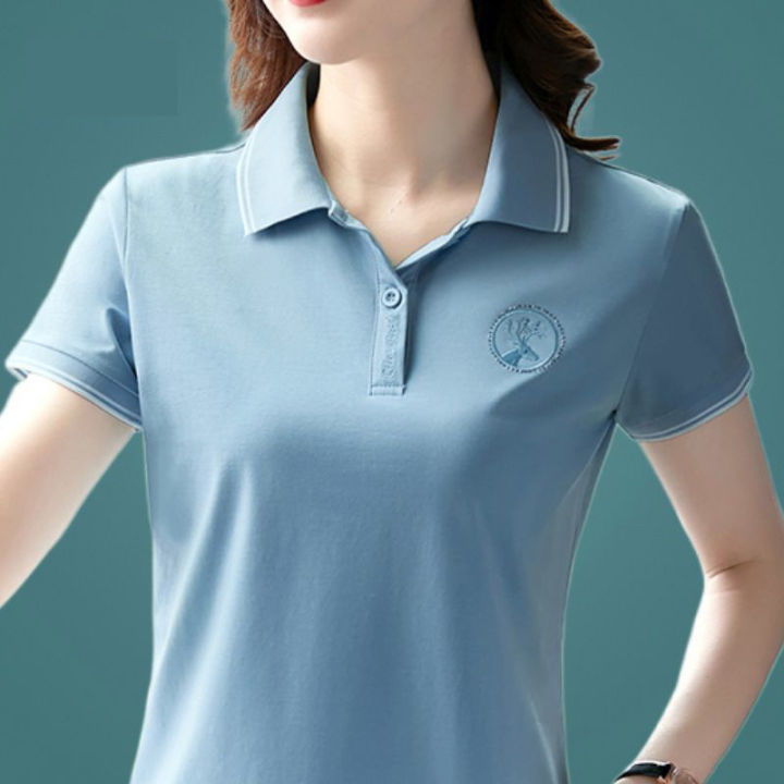 เสื้อโปโลแขนลำลองขาสั้นสำหรับผู้หญิงอายุกลาง-สามารถสวมใส่ได้100กก-ฉบับภาษาเกาหลีเสื้อเชิ้ตพลัสไซส์โปโลธรรมดาเสื้อยืดมีปกเสื้อเสื้อแฟชั่นใหม่
