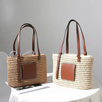 Fashion Personalized Women Beach Straw Bag with PU Leather handle Ladies Summer Raffia Handbag Travel Basket Tote Bags