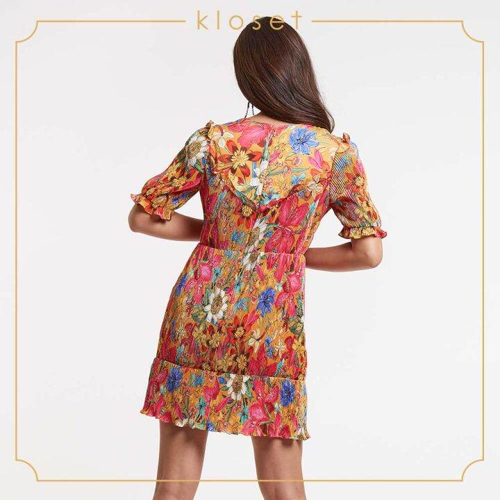 kloset-iris-printed-with-ruffle-mini-dress-aw19-d008-ชุดเดรส-ชุดผ้าพลีท-ชุดเดรสสั้น-ชุดเดรสแฟชั่น