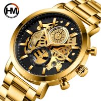 Mens multifunctional calendar watch hollow quartz watch male student black gold business waterproof steel strap watch 【QYUE】