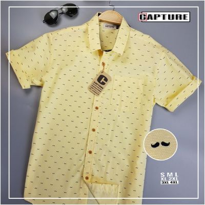 Capture Shirt เสื้อเชิ้ตผู้ชาย เชิ้ตแขนสั้น คอปก ลายหนวด สีเหลือง มีถึงอก 48 นิ้ว