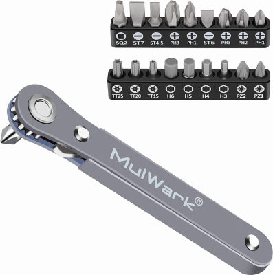 MulWark 20pc 1/4 Ultra Low Profile Mini Ratchet Wrench Close Quarters Screwdriver Set with High Torque - Right Angle EDC Tool with 90 Degree Mini Offset Reversible Drive Handle &amp; Multi Hex Bits Set 20pcs Short Bits