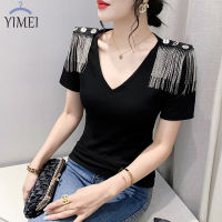 YIMEI เสื้อยืดผู้หญิงสวยๆ2023ฤดูใบไม้ผลิ/ฤดูร้อนสะพายไหล่แฟชั่นใหม่เสื้อยืดเสื้อผู้หญิงแบบมีพู่แขนสั้นคอวีเข้ารูปสีดำผ้าคอตตอน