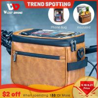 2023❄❒ WEST BIKING Multifunctional Bicycle Handlebar Bag Waterproof Touch Screen Phone Bag Crazy Horse Leather Travel Insulated Bag