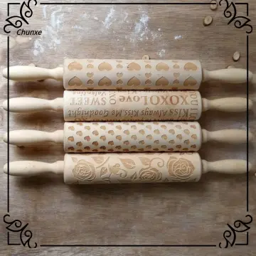 Wooden Rolling Pin Embossing Baking Cookie Noodle Biscuit Waffle