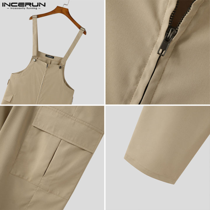 incerun-ชุดเอี๊ยมเอี๊ยมมีสายรัดสำหรับผู้ชายกางเกงคาร์โก้ชุดเอี๊ยมกางเกงเอี๊ยมชุดรอมเปอร์-สไตล์เกาหลี